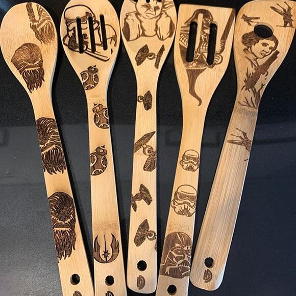 5 PCS Star War Burned Wooden Spoons Cooking Organic Spoons Turner Carved Spatula - Picture 1 of 7
